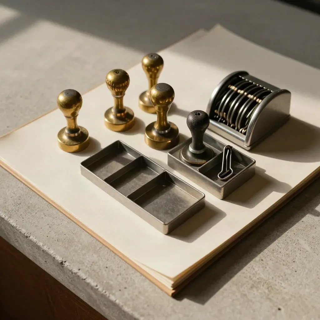 Brass stamp tools, coin trays, archive clips and tally counter on pale concrete under hard light.