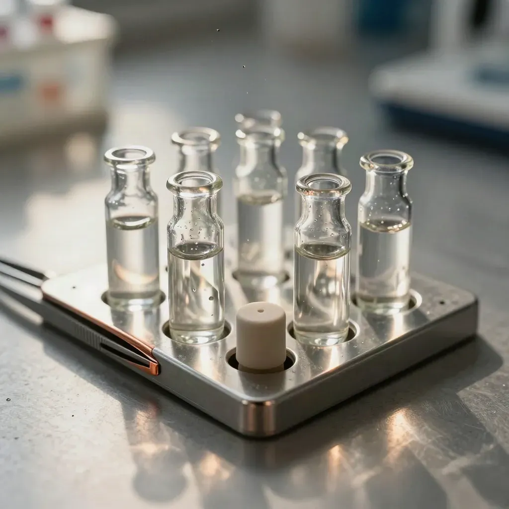 Laboratory vials, tweezers, and ceramic stopper on brushed metal under cool directional light.