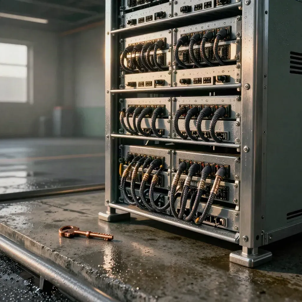 Brushed server rails, SSD caddies, patch leads and a copper key on wet concrete at dawn.