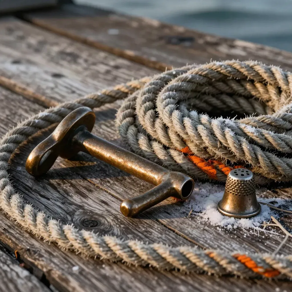 Bronze dock hardware and coiled hemp rope on salted wood in warm editorial light.