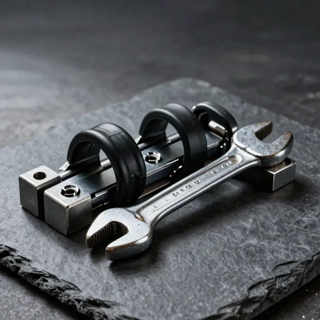 Rail clamps, gauge blocks, and a torque wrench on dark stone under hard workshop light.