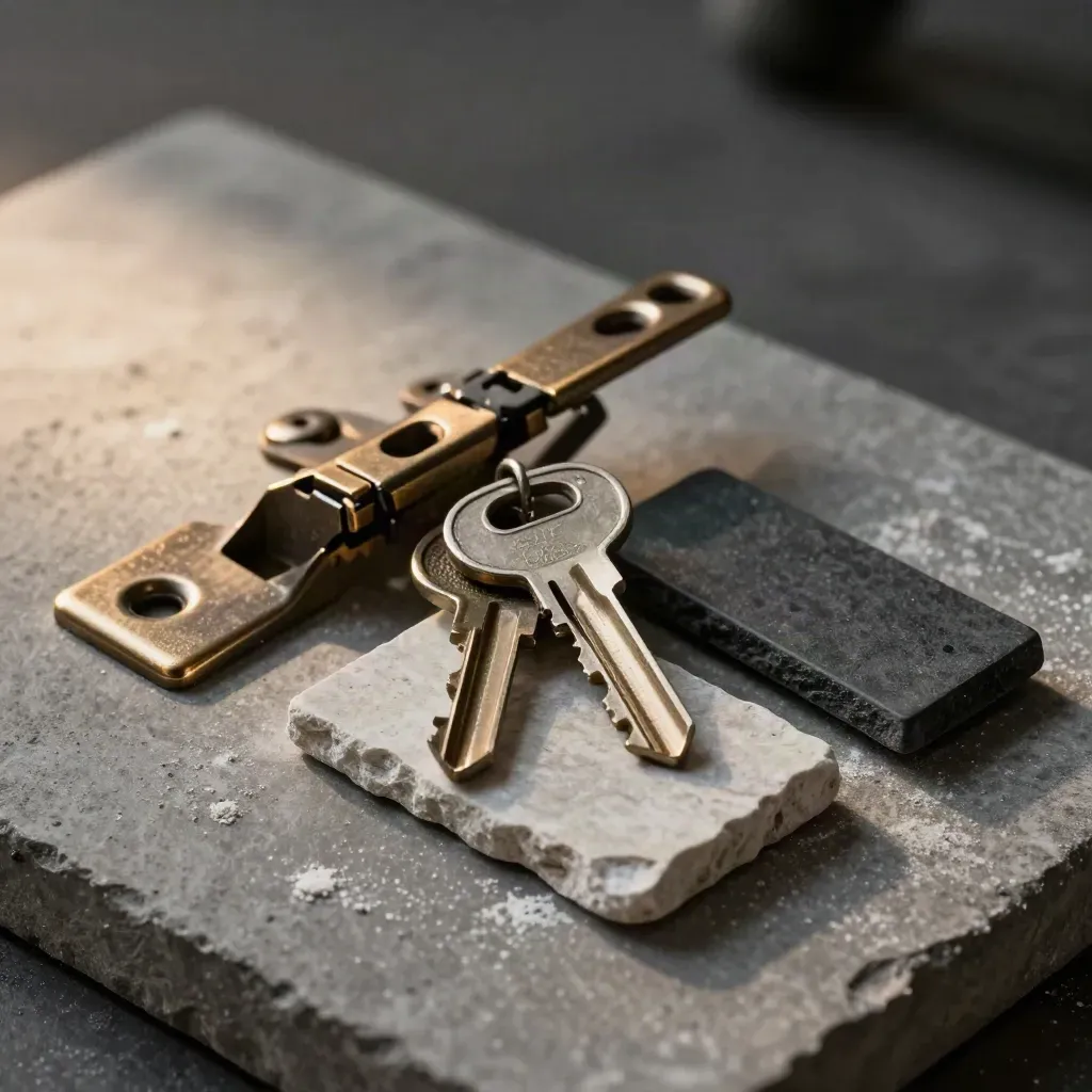 Brushed hinge, key blanks, slate tile and handle sample arranged on graphite concrete for renovation approval.
