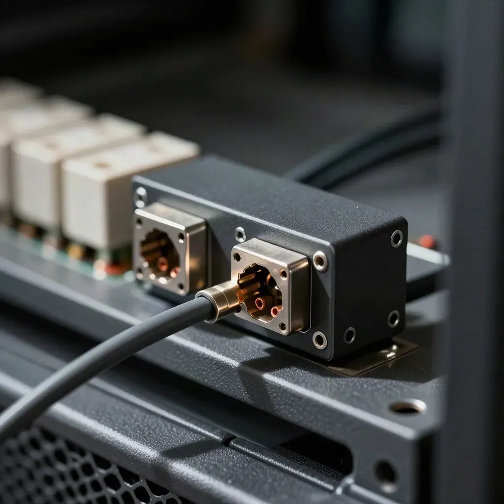 Macro of a relay module with twin connectors and clipped cable ends on a graphite server tray.