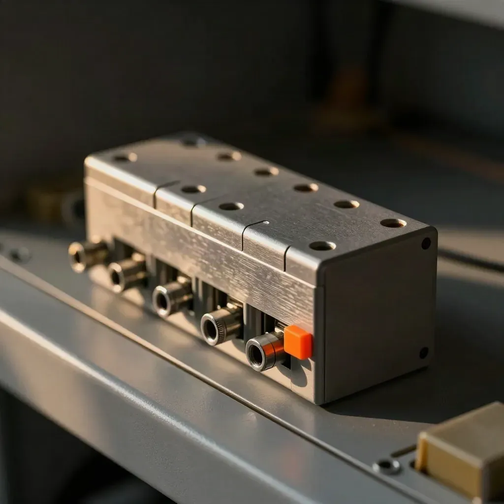 DIN-rail relay block beside a timer module with terminal sleeves on a graphite cabinet surface.
