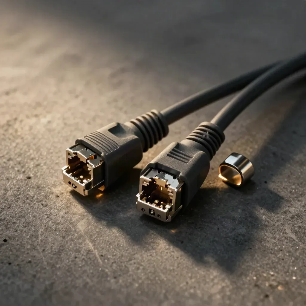 Paired RJ45 couplers with a braided patch lead and metal clip on charcoal concrete.