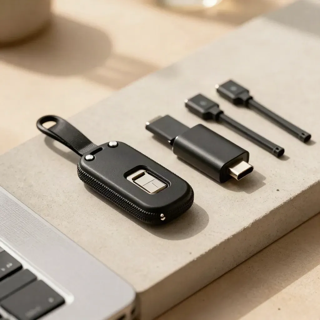 Macro onboarding kit with security key fob, SIM pin, USB-C adapter and cable ties on concrete