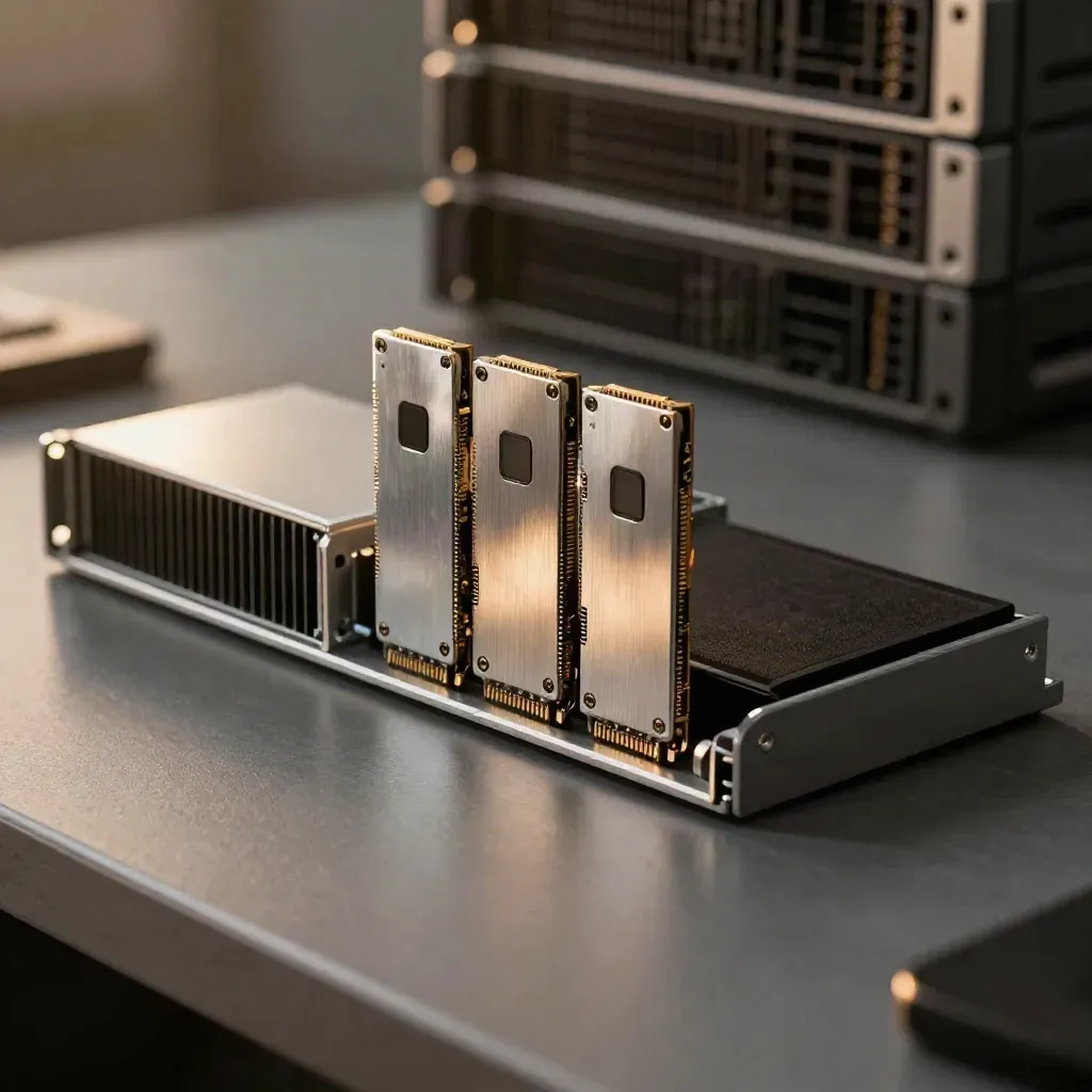 Two SSD caddies beside a server bracket on graphite metal, lit dramatically from upper left.