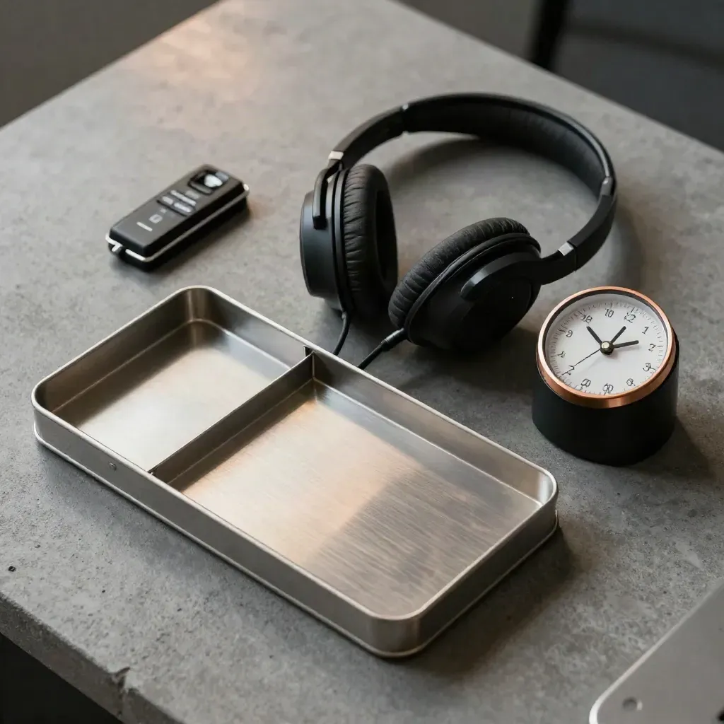 Macro still life of a call tally clicker, headset cradle, inbox tray corner and desk timer on graphite stone.