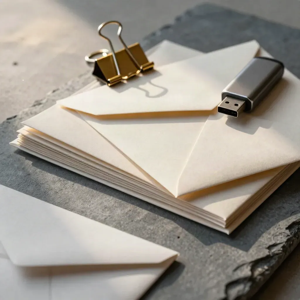 Macro still life of proof swatches, binder clips, sealed envelopes and a USB drive on slate concrete.
