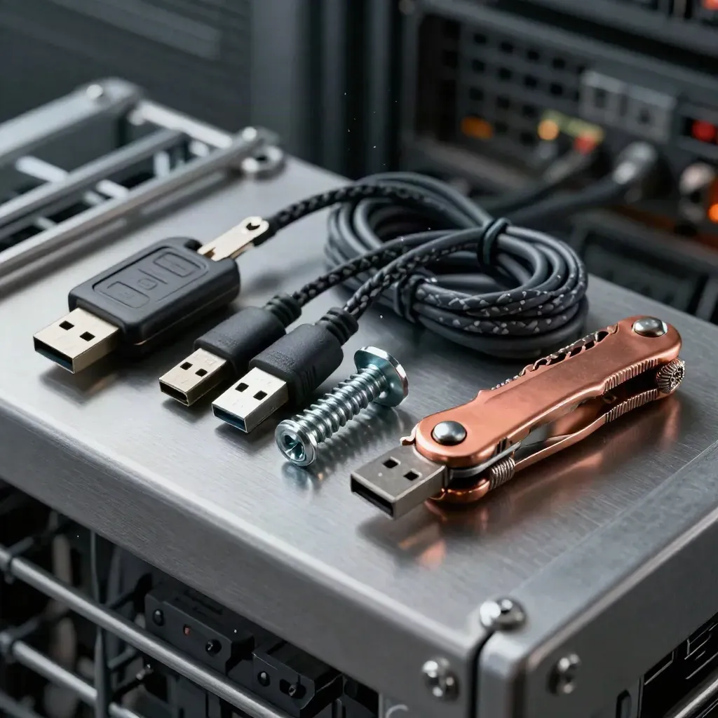 Macro still life of startup ops tools on a server shelf, seen through blurred rack rails.