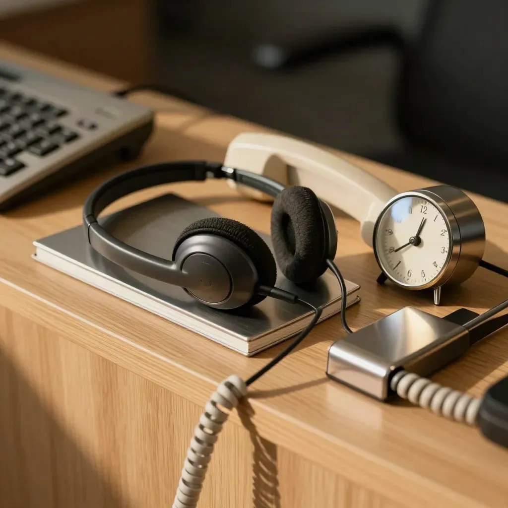 Headset, handset, inbox tray and metal timer on a support desk, seen through a blurred cable.