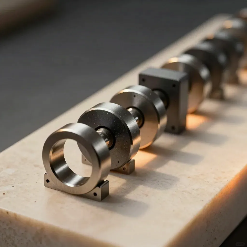 Macro side view of graphite links and machined rings on cream stone with a warm ember glow.