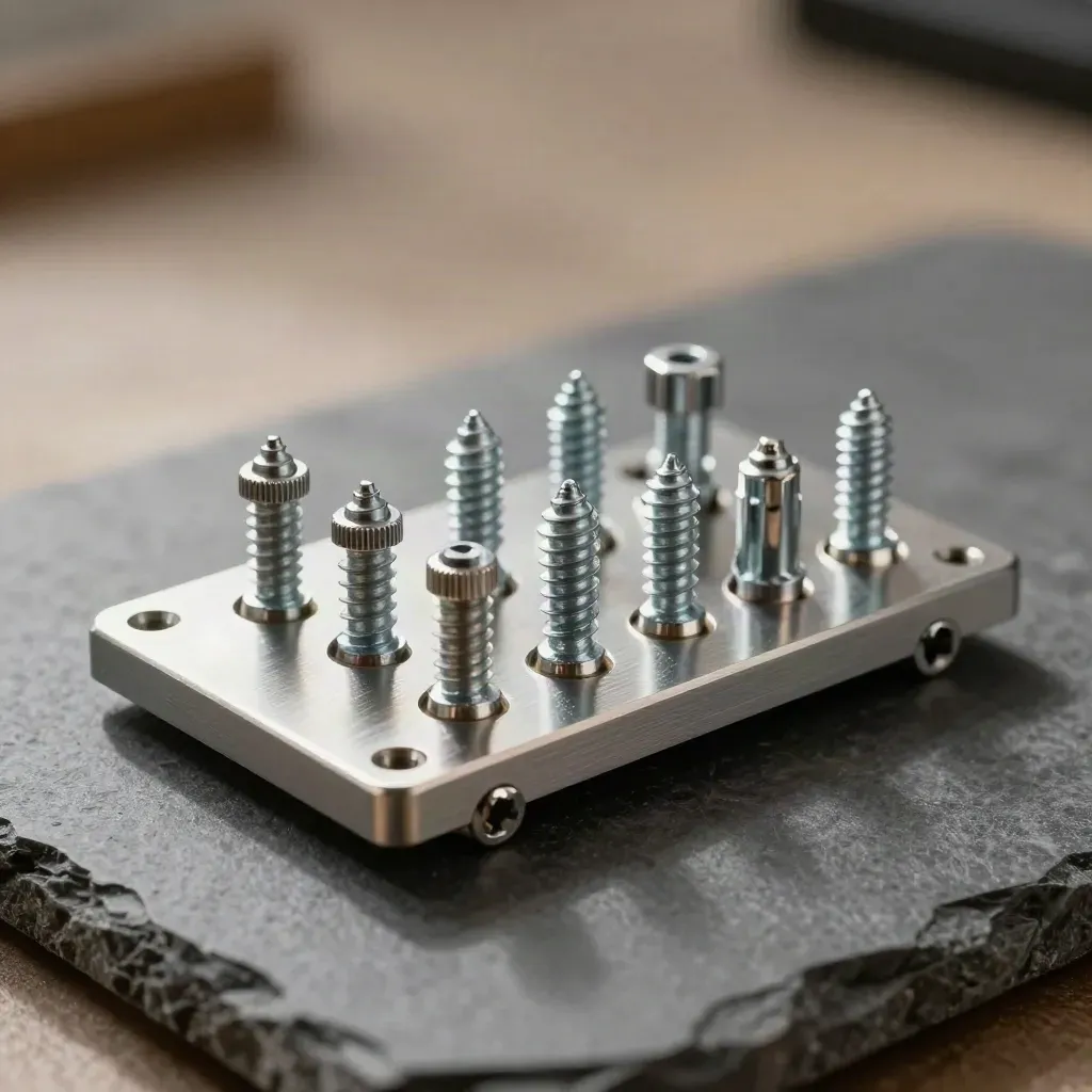 Precision metal hardware assembly on graphite stone with dramatic studio light.