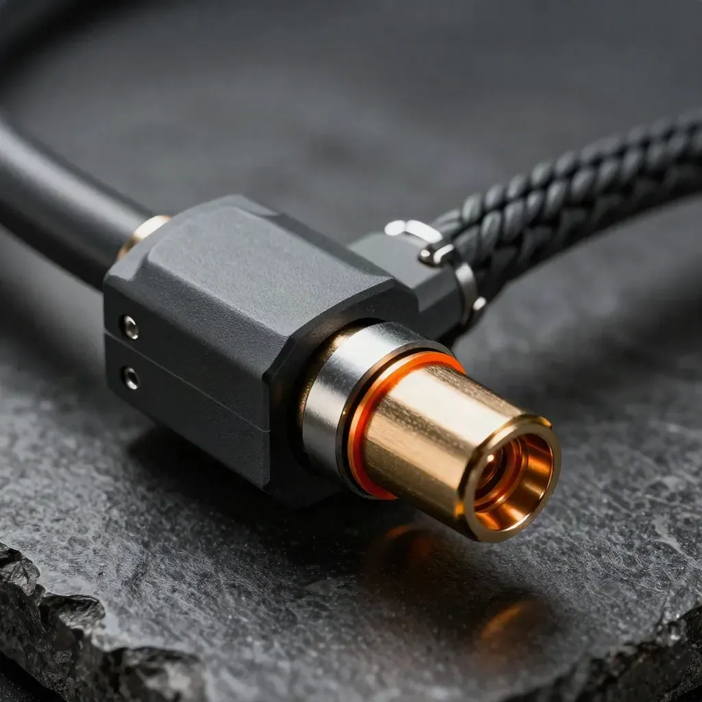 Macro of graphite terminal blocks, split rings, and a braided cable harness with ember-orange accent.