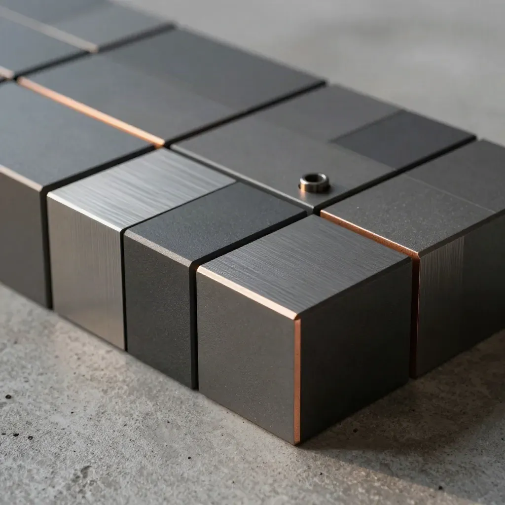 Top-down graphite blocks and copper accents arranged in a precise grid on concrete.