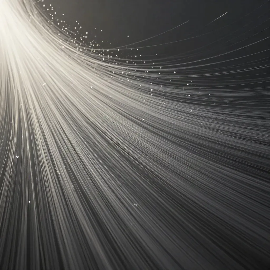 Abstract silver filaments and pale-grey motes converge into a soft bloom over dark graphite haze.